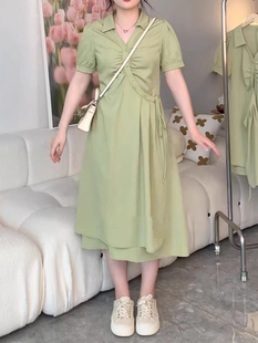 微胖mm显瘦藏肉遮肚子连衣裙女设计绑带收腰高级感短袖 大码 裙子夏