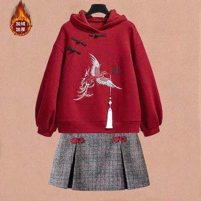 女童汉服JK短裙加绒中国风套装草