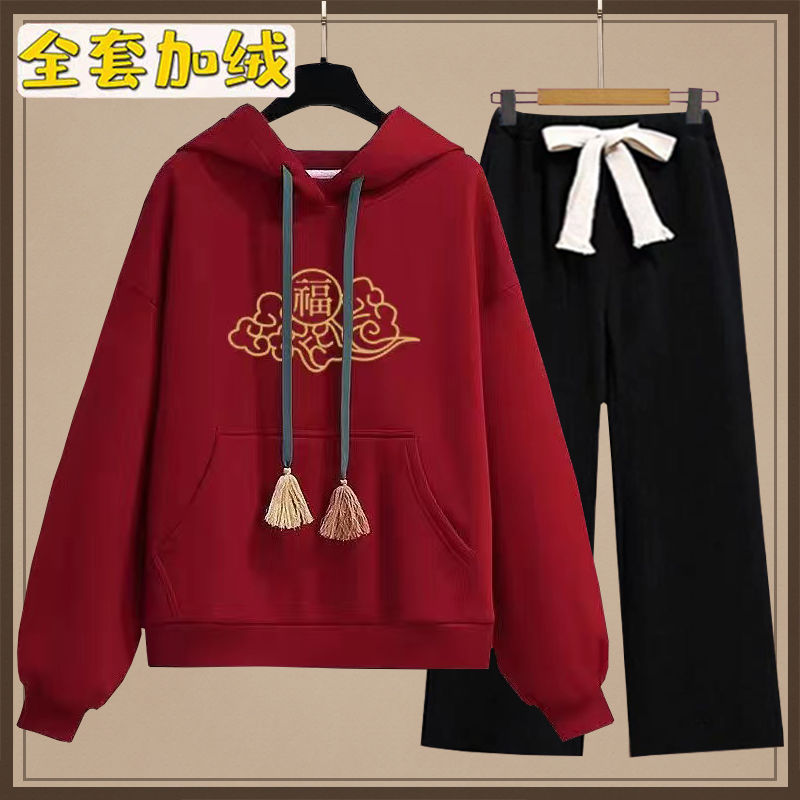 女童红色卫衣套装加绒加厚拜年服