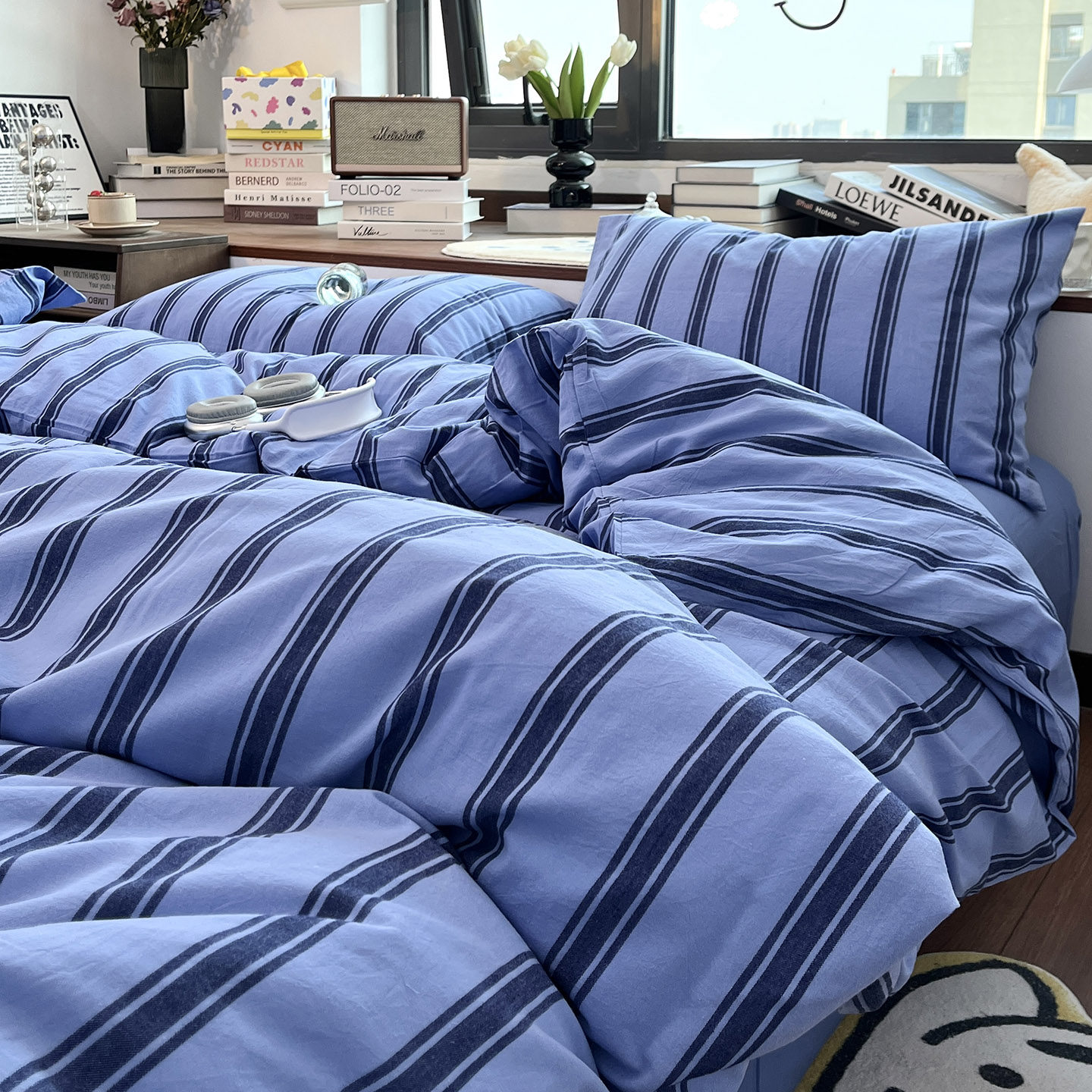 普鲁士蓝条纹四件套色织水洗棉