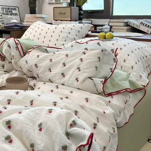 月光巴士ins小萝卜全棉色织提花床上3四件套柔软纯棉床笠拷边被套