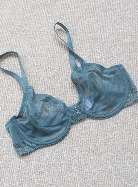 超薄性感透明文胸无海绵舒适女内衣蕾丝边墨绿色75D