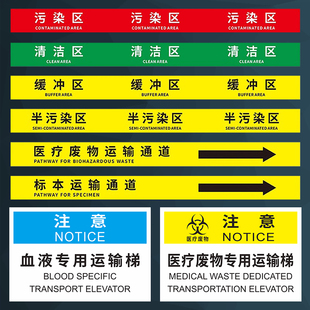 清洁区污染物标识缓冲区标识 实验室污物通道地标医院血液 医疗废物运输专用电梯 医废专用通道 医疗废物地标