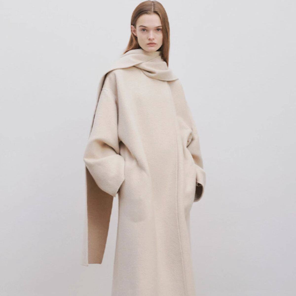 th~ row 2024年秋冬季新款手工制作羊毛混纺围巾双层羊绒大衣外套