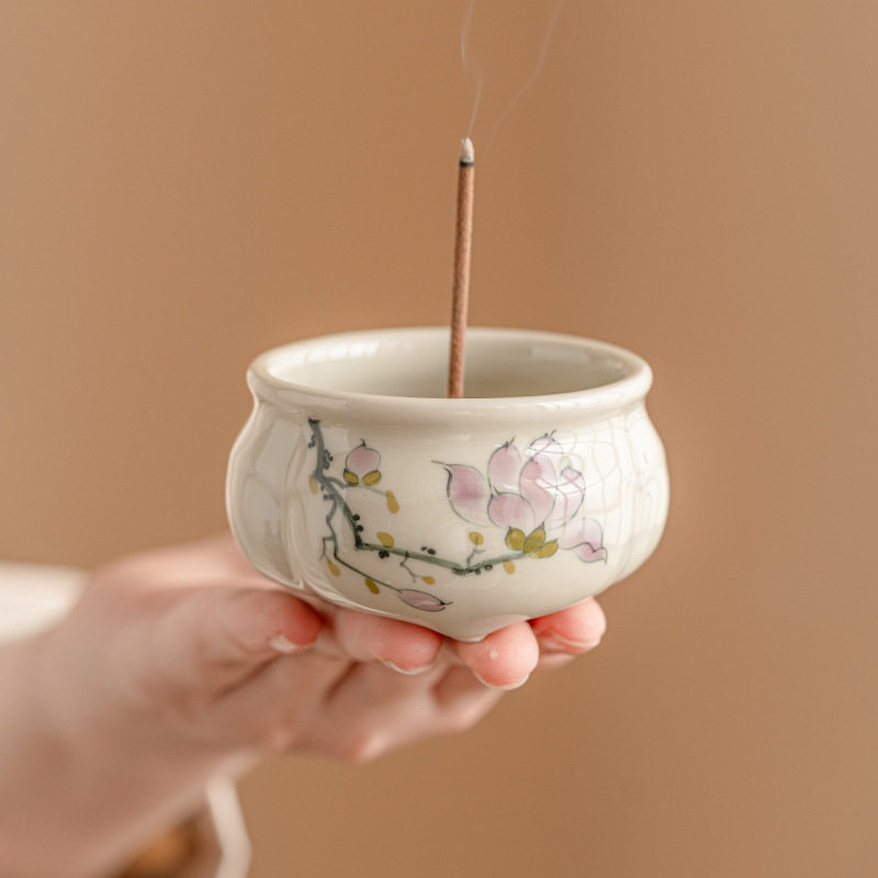 玉兰花手绘三足香炉家用室内线香底座高颜值茶具配件高档香插香座,餐饮具,茶道/香炉,淘宝优惠券,粉丝福利购,淘宝优惠卷