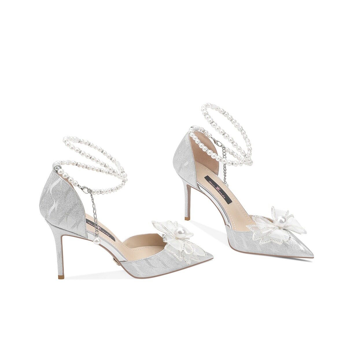 婚鞋女珍珠绑带高级感亮片水晶鞋银色法式高跟鞋高跟鞋不累脚婚鞋