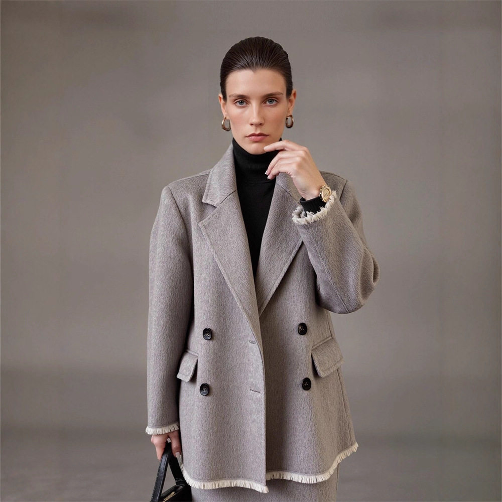 TH～ROW绵羊毛双面呢大衣衣秋冬加厚手缝松弛感拼接西装上衣女
