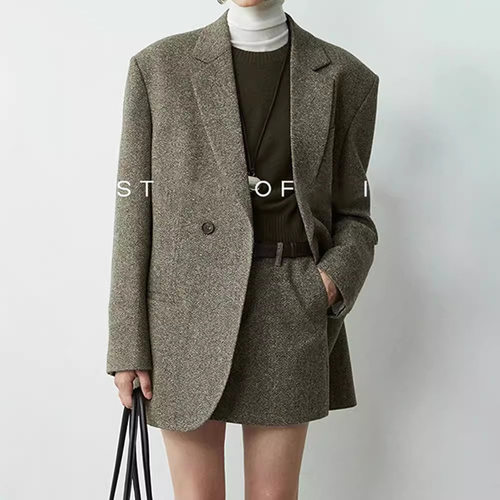 小众极简风2025年秋冬混色羊毛呢西服精纺羊毛斜门襟西装短裙套装
