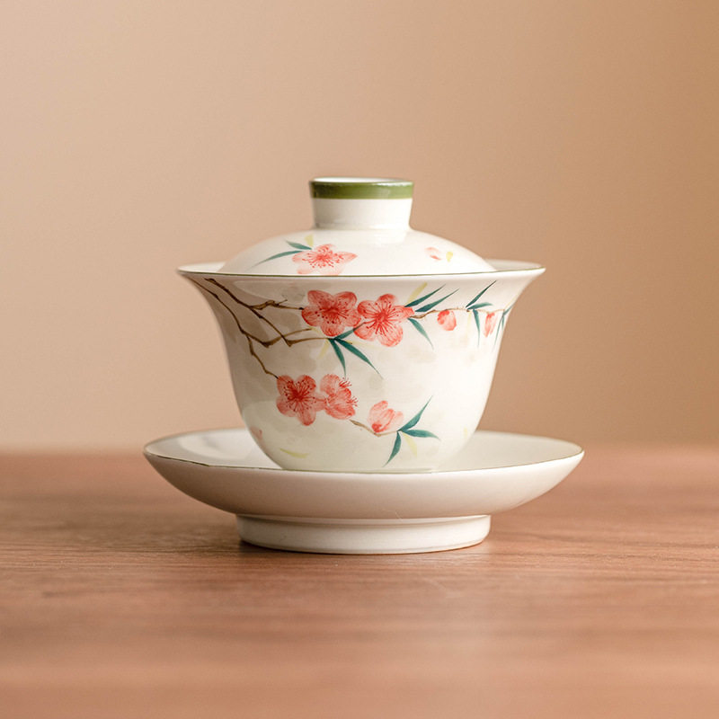 手绘桃花三才盖碗茶杯单个高档功夫茶具中式陶瓷家用泡茶器喝茶碗,餐饮具,盖碗,淘宝优惠券,粉丝福利购,淘宝优惠卷