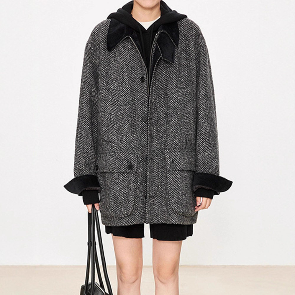 TH～ROW羊毛点子纱人字纹老钱工装大衣风灯芯绒领夹克短外套女