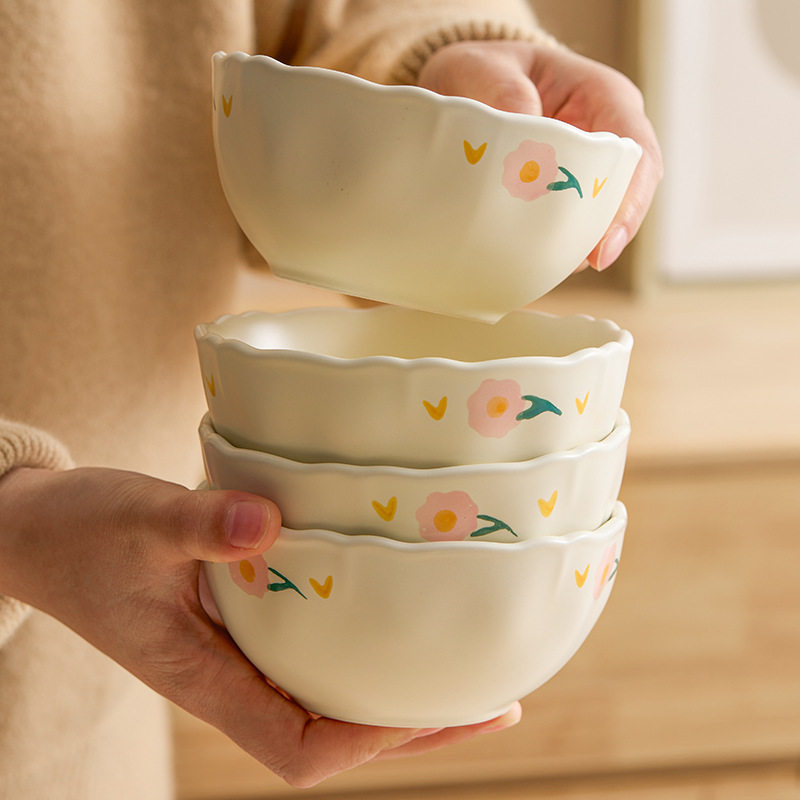 芍药花边陶瓷碗盘餐具米饭碗双耳汤碗家用早餐酸奶碗高颜值沙拉碗,餐饮具,泡面碗,淘宝优惠券,粉丝福利购,淘宝优惠卷