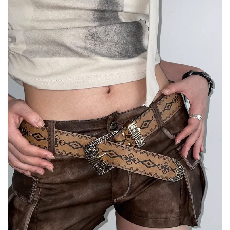 欧美风装饰腰带女棕色纹理皮带2024新款辣妹美式复古百搭牛仔裤带
