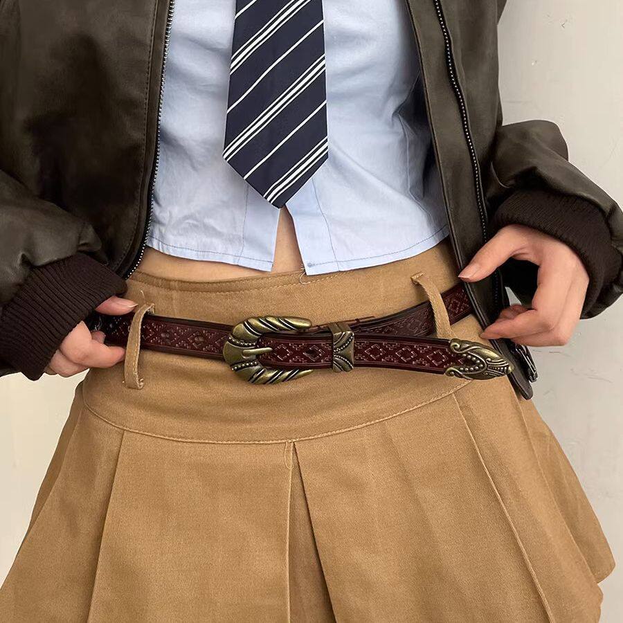 美式复古细腰带女2026新款棕色皮带牛仔裤带装饰百搭设计感小众潮
