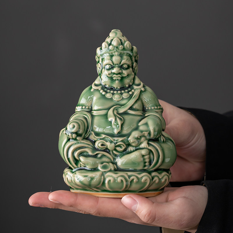 青釉黄财神茶宠摆件招财纳福陶瓷财尊中式佛像茶桌装饰品