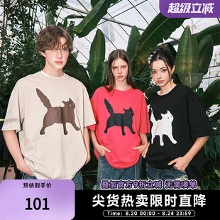 SUAMOMENT剪影猫咪印花短袖 体恤 T恤男女夏季 百搭宽松休闲情侣半袖