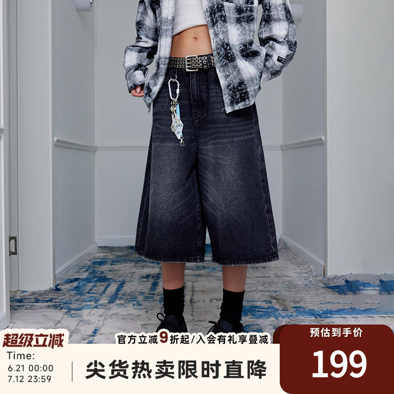 SuaMoment抓痕水洗做旧七分牛仔裤美式复古宽松直筒潮牌休闲短裤