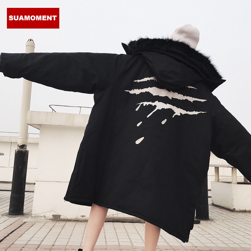 suamoment血爪抓痕座山雕毛领连帽棉服外套男宽松保暖情侣棉衣潮