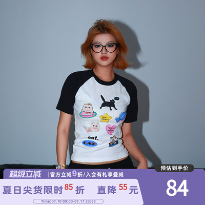 SuaMoment抓痕猫咪元素插肩女款短袖T恤夏季新款正肩显瘦休闲上衣