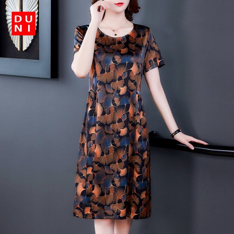 中老年女装夏装短袖贵夫人妈妈洋气真丝连衣裙子桑蚕丝2020年新款
