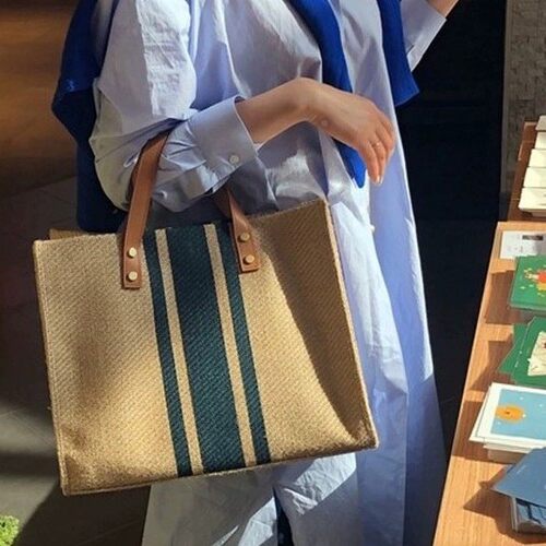 韩Y8883版女手提士公文包职业通勤条纹简约单肩n大包is大容量帆包
