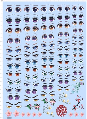 66381整版胶无比例三国Q版人物眼睛梅花樱花套花衣服纹身剪纸水贴