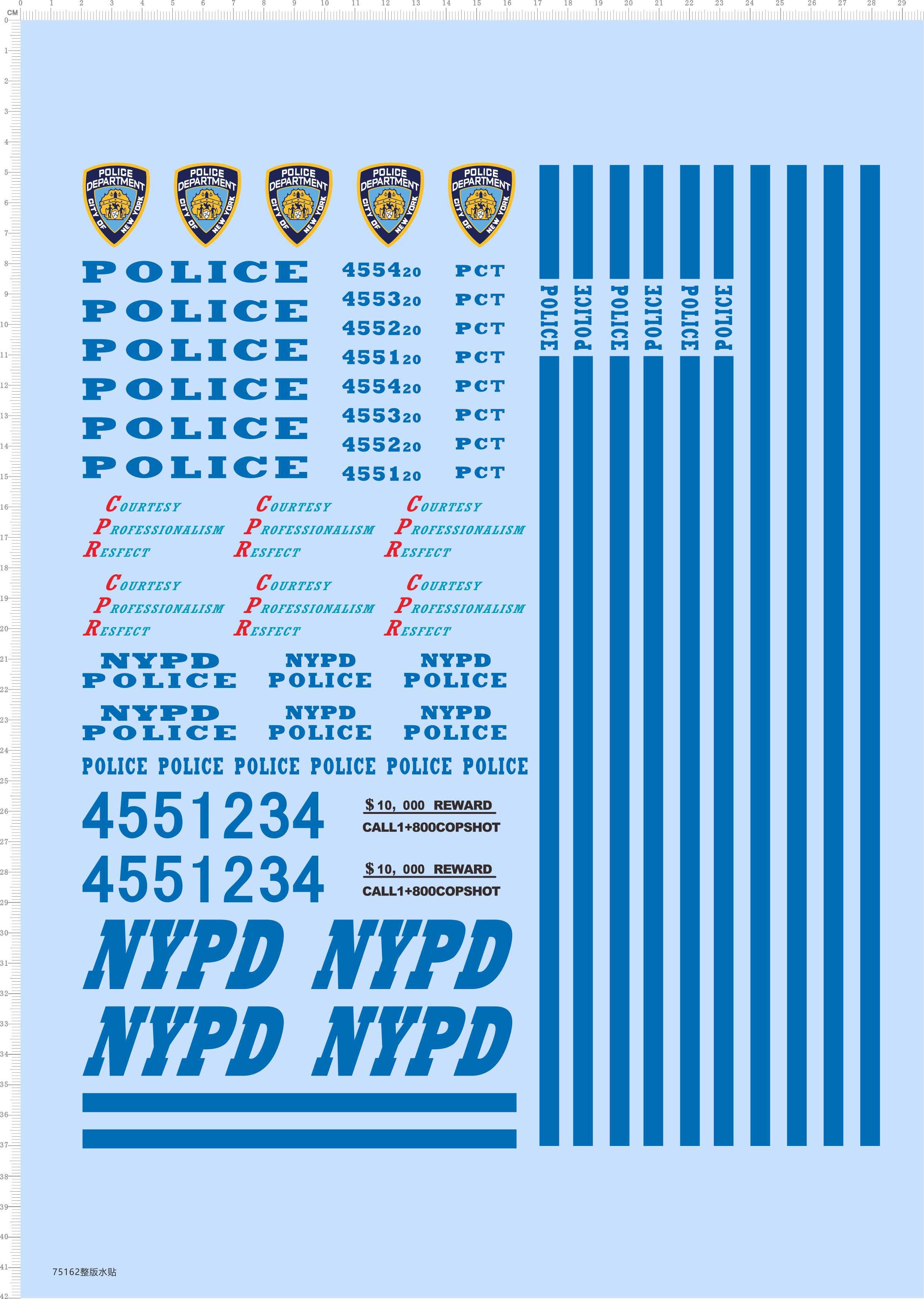 75162整版水贴 1/10 雪佛兰 impala 美国警车模型车水贴定做七月