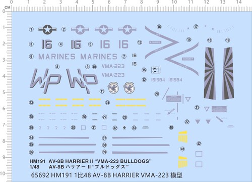 65692水贴纸HM191 1/48 AV-8B HARRIER VMA-223 marines bulldogs