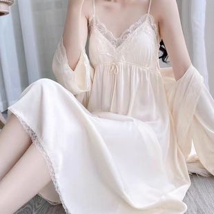 睡衣 长款 春秋法式 睡衣女性感蕾丝吊带睡袍两件套冰雪丝家居服套装