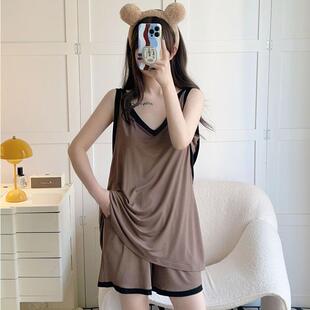 300斤运动休闲薄款冰丝套装女士睡衣无袖背心短裤凉快净版家居服