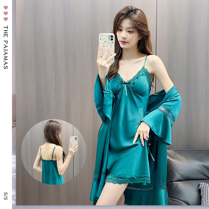 新款蓝绿色性感缎面女士家居服套装外袍吊带裙两件套性感气质睡衣