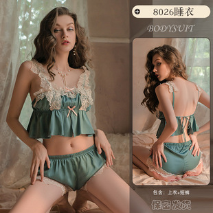夏季 网红新款 睡裙纯欲蕾丝吊带睡衣性感冰丝三件套甜美家居服8026