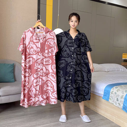 卡通睡裙夏季短袖开衫加肥大码胖MM睡衣减龄宽松家居服200斤300潮