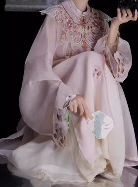 重工刺绣明制立领大袖衫云肩汉服套装浅粉色国风簪花古装汉服套装