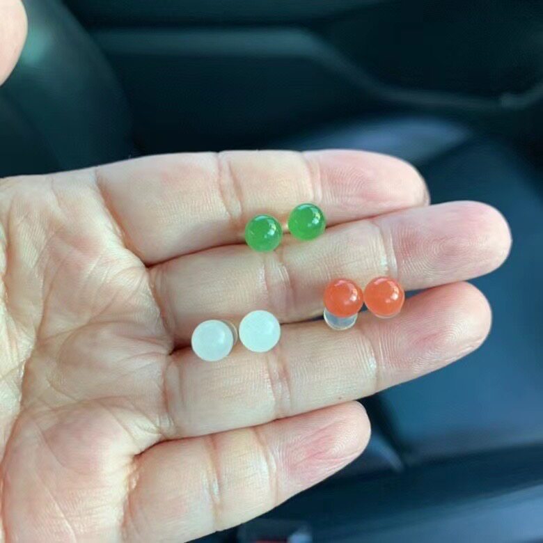 珍惜真金18K黄金豆豆耳钉经典简约圆珠耳钉天然白玉碧玉南红包邮