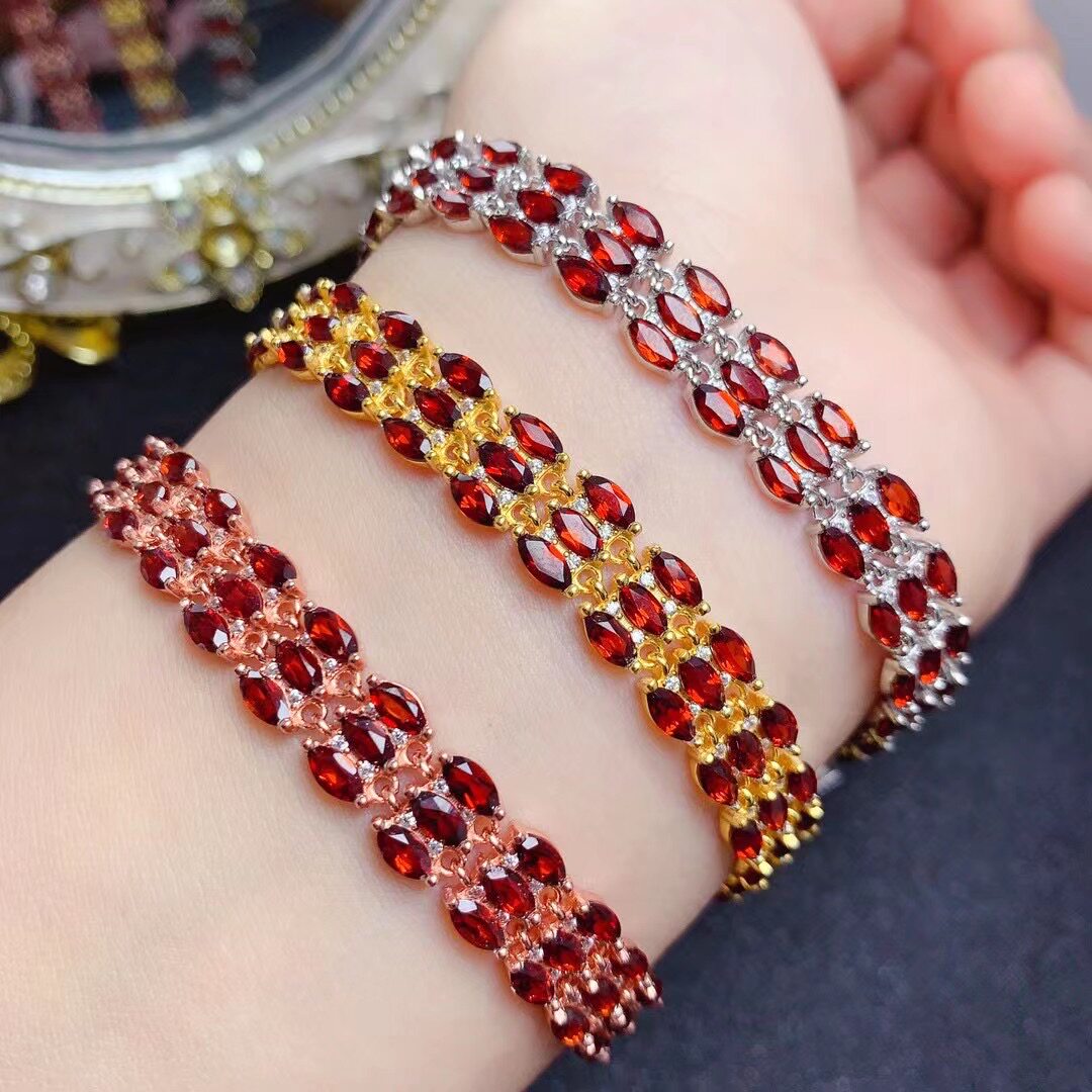 珍惜天然石榴石手链闪耀女王手排纯银镀白金黄金玫瑰金三色包邮