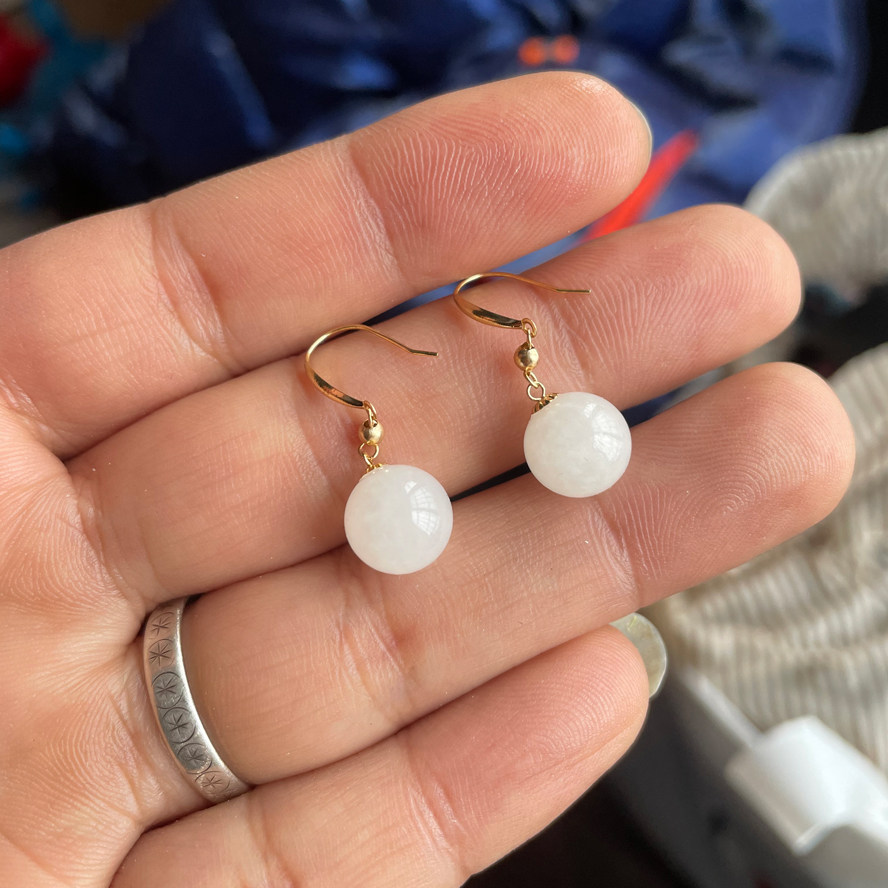 珍惜真金18K黄金天然和田白玉耳坠经典圆珠耳钩气质款包邮