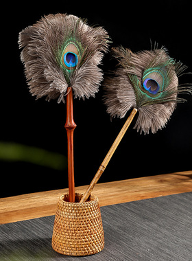 手工孔雀羽毛除尘掸竹制鸵鸟毛扫灰尘掸复古家用装饰品鸡毛掸禅子