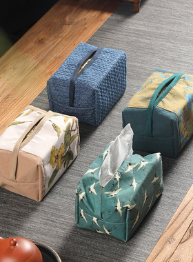 国风布艺纸巾盒套复古抽纸袋棉麻布艺纸巾袋客厅家用古画抽纸盒