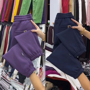 冬季新款加绒卫裤女高腰显瘦纯棉休闲裤百搭保暖哈伦裤加厚运动裤