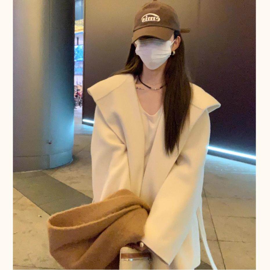 白色双面羊绒大衣女2024秋冬新款韩版收腰连帽浴袍小个子毛呢外套