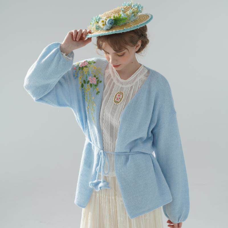 脸儿艺 原创手工绣花 法式刺绣立体蔷薇花束手工钩花腰带开衫毛衣