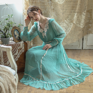 维多利亚修身 脸儿艺 森女大裙摆 精美蕾丝领 长连衣裙 复古蓝绿