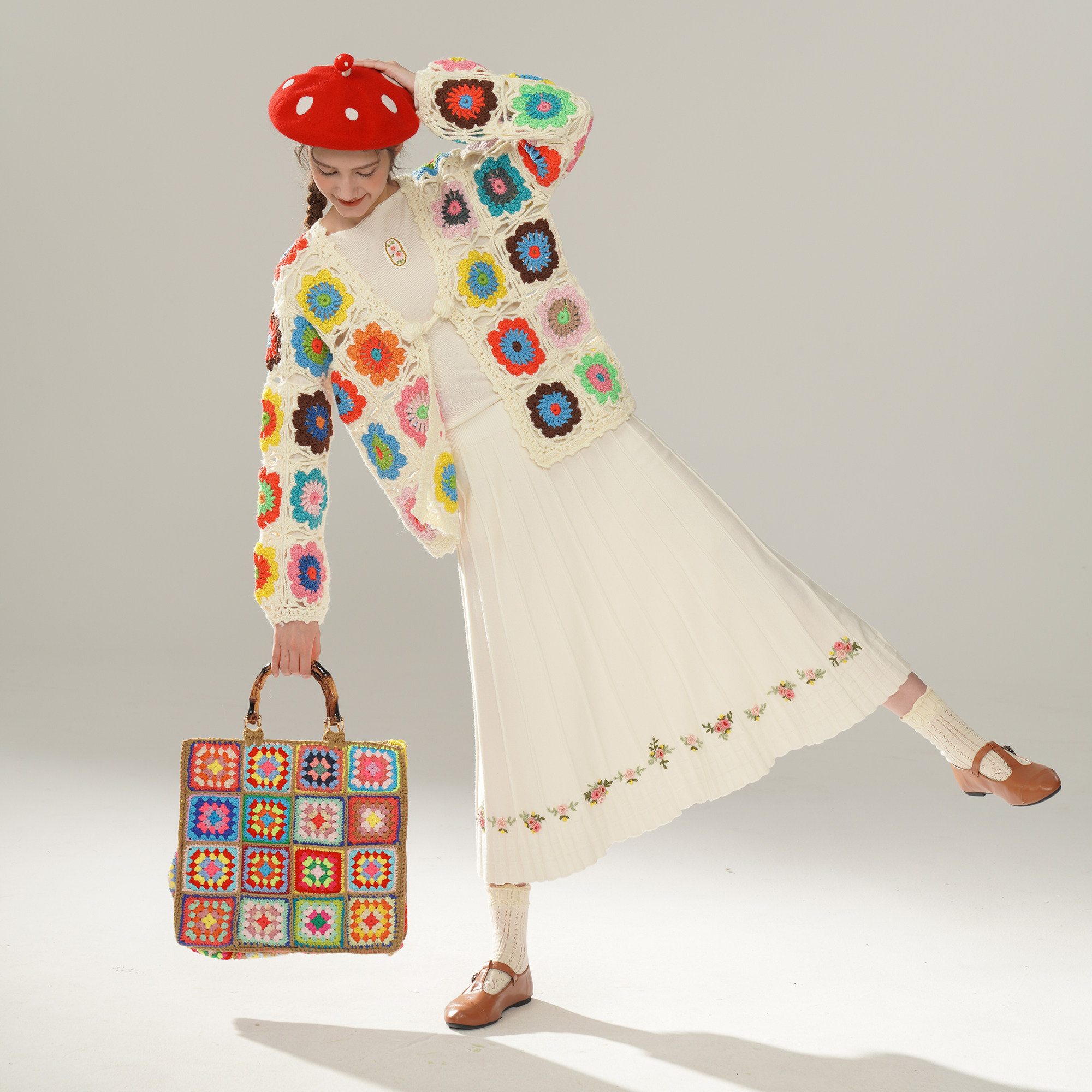 脸儿艺 手工钩花 多彩方格子 森女开衫羊毛 外套毛衣