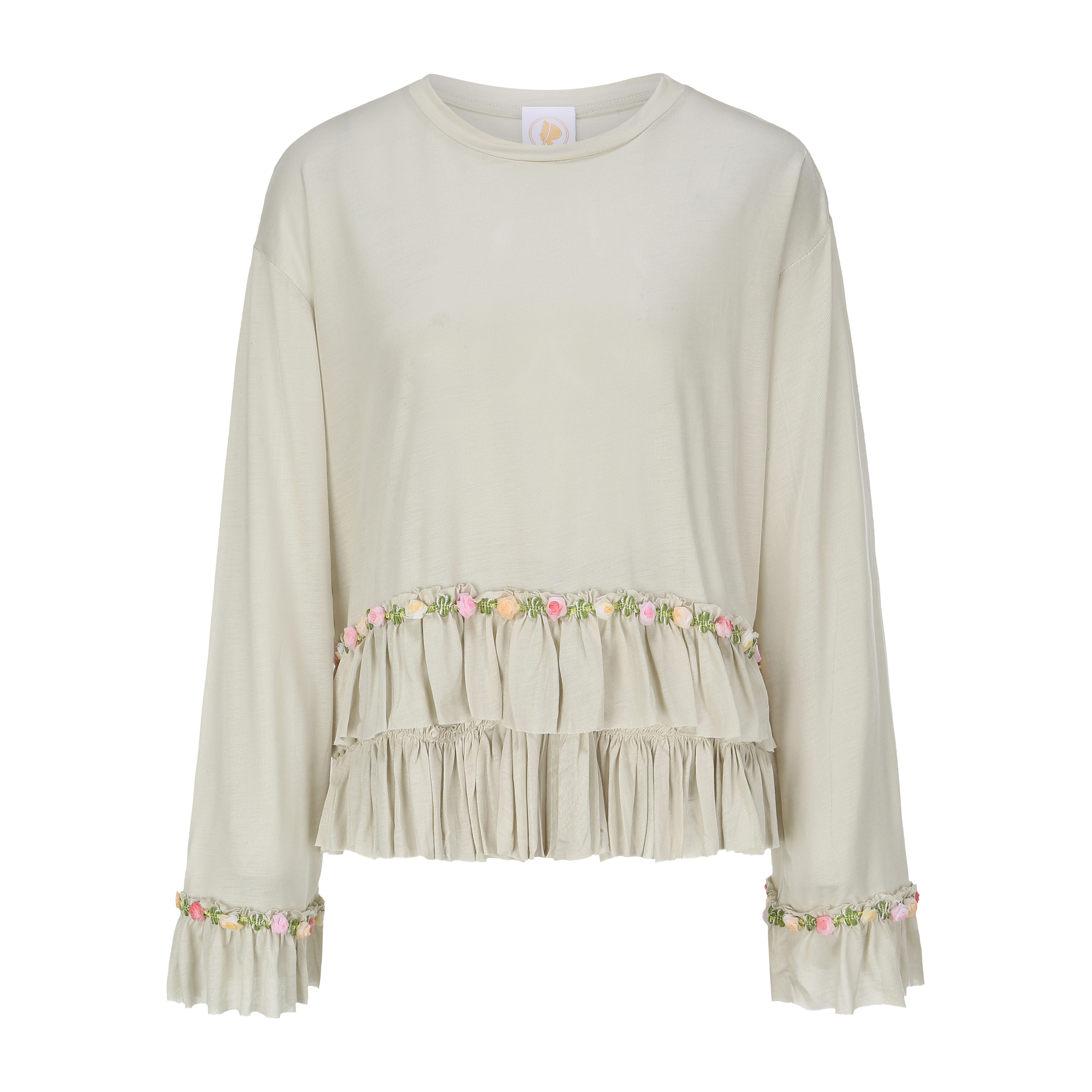 脸儿艺 舒适垂感冰凉防晒 抹茶绿 立体手工盘花 木耳边 上衣