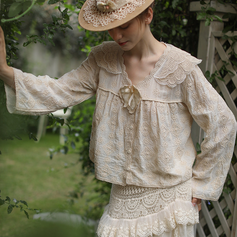 脸儿艺 森系重工刺绣 心形 蝴蝶结 蕾丝 娃娃领 宽松长袖开衫上衣,女装/女士精品,衬衫,淘宝优惠券,粉丝福利购,淘宝优惠卷