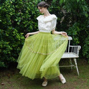 20米超大裙摆两穿半身裙 清新果绿色爱心 脸儿艺 手工立体盘花