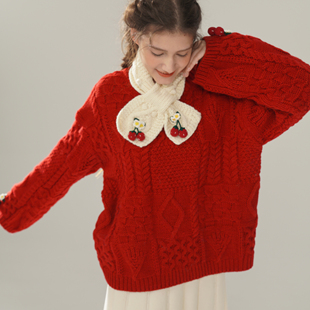 套头毛衣 棒针螺纹可爱森女果子围脖款 脸儿艺 春节红新年奶白灰色