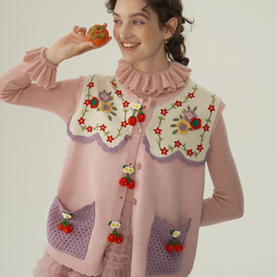 羊毛混纺质感 森女绣花 多色马夹 手工钩花立体红果子 脸儿艺