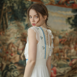 宫廷十字绣蕾丝清新蓝织带森女连衣裙 复古法式 脸儿艺 重磅绣花