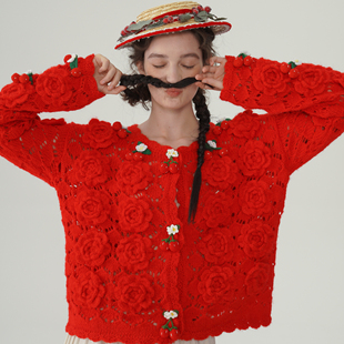 羊毛森女开衫 脸儿艺 白黑红三色 立体红果子 毛衣 手工钩花